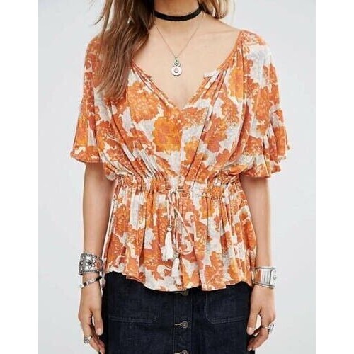 Free People Riverbend Printed Kimono Split Neck Blouse Top Orange Xs 255300